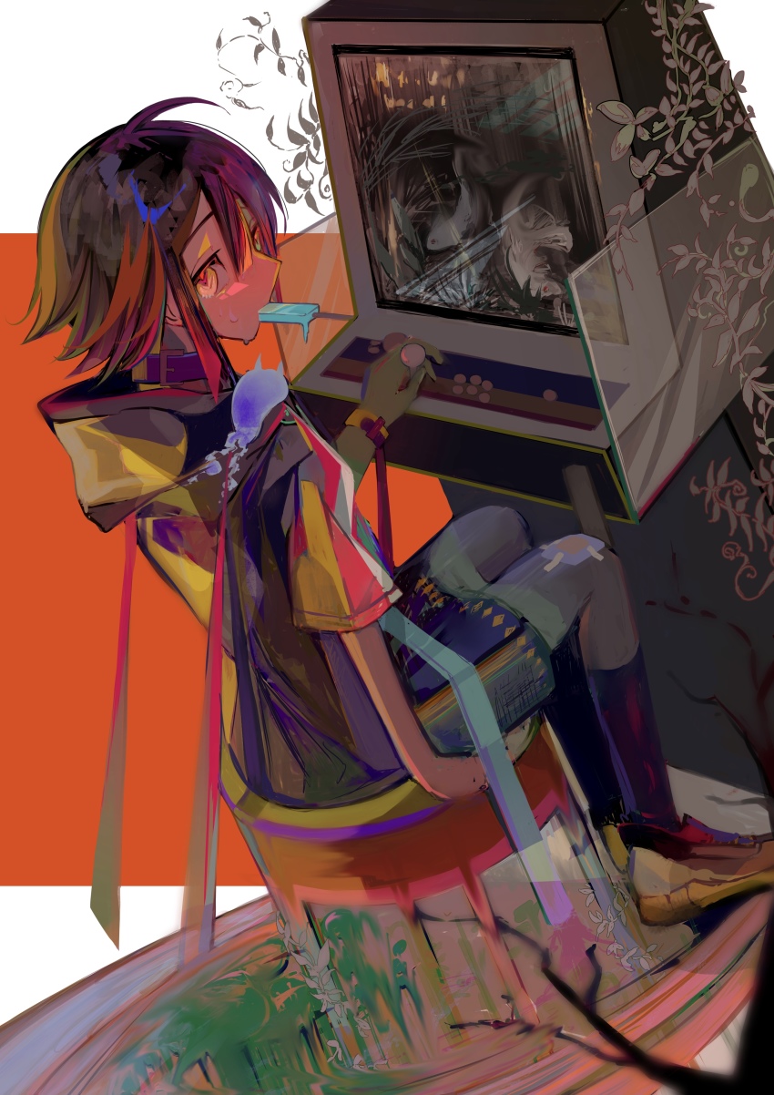 absurdres, ahoge, androgynous, arcade, bandaid, bandaid_on_knee, bandaid_on_leg, black_hair, black_skirt, black_socks, brown_shoes, character_request, collar, commentary_request, dark_skin, dutch_angle, food, food_in_mouth, from_side, gender_request, hair_between_eyes, highres, hood, hood_down, kneehighs, looking_at_viewer, looking_to_the_side, mouth_hold, multicolored_hair, on_stool, orange_hair, original, popsicle, red_hair, shoes, short_hair, sideways_glance, sitting, skirt, sneakers, socks, solo, stool, streaked_hair, wristband, yuurei_(0530sinsatona)