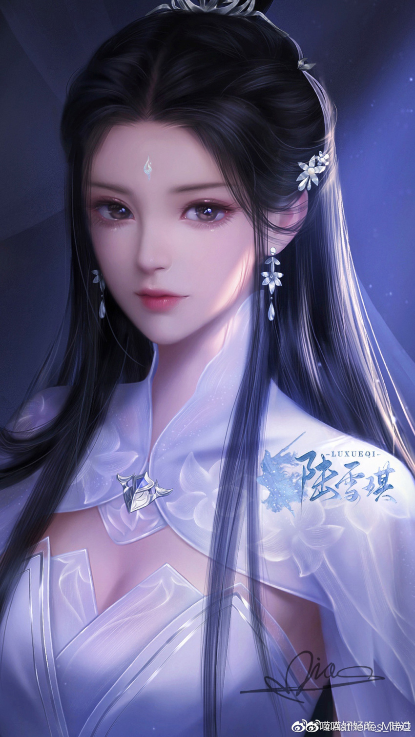 1girl, aathenes_luo_guo, black_hair, chinese_clothes, dress, earrings, floating_earrings, flower, hair_flower, hair_ornament, highres, jewelry, long_hair, lu_xueqi_(zhu_xian), watermark, weibo_watermark, white_dress, zhu_xian