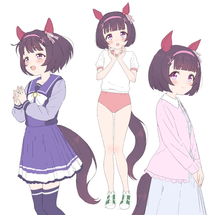 1girl, animal_ears, blunt_bangs, buruma, dress, gym_uniform, highres, horse_ears, horse_girl, horse_tail, long_sleeves, nishino_flower_(casual)_(umamusume), nishino_flower_(umamusume), purple_eyes, purple_hair, school_uniform, shirt, short_hair, short_sleeves, simple_background, sincos, solo, tail, umamusume, white_background