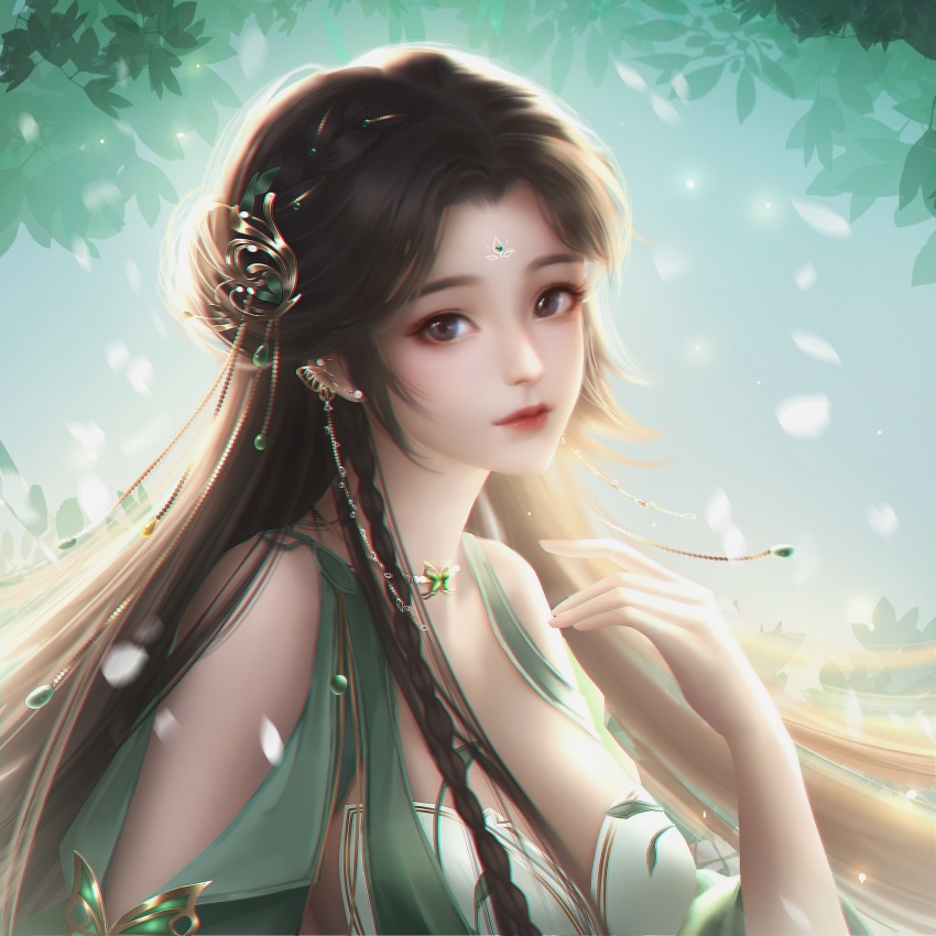 1girl, bi_yao_(zhu_xian), braid, dress, earrings, green_dress, hair_ornament, highres