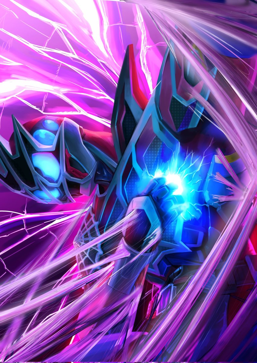 1boy, angle, armor, asymmetrical_armor, blue_eyes, blue_gloves, bodysuit, demons_driver