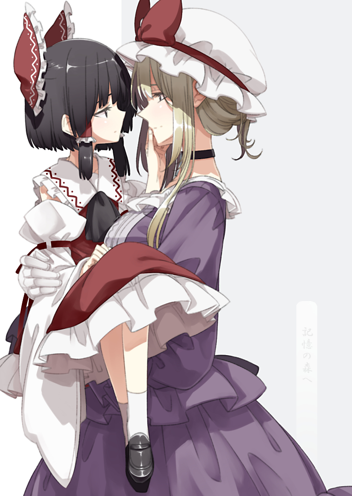 2girls, :|, adapted_costume, age_difference, aged_down, alternate_sleeve_length, ankle_socks, ascot, black_ascot, black_choker, black_footwear, black_hair, blonde_hair, blouse, blunt_bangs, blunt_ends, bob_cut, bow, carrying, center_frills, child, child_carry, choker, clenched_hand, closed_mouth, couple, cowboy_shot, detached_sleeves, expressionless, eye_contact, eyelashes, face-to-face, finger_to_another's_mouth, frilled_bow, frilled_hair_tubes, frilled_shirt, frilled_shirt_collar, frills, from_side, full_body, gloves, hair_bow, hair_tubes, hair_up, hakurei_reimu, half-closed_eyes, half_updo, hand_on_another's_cheek, hand_on_another's_face, hand_on_lap, hand_up, hat, hat_bow, loafers, long_hair, long_sleeves, looking_at_another, medium_skirt, mob_cap, multiple_girls, nontraditional_miko, onee-loli, petticoat, profile, puffy_long_sleeves, puffy_sleeves, purple_shirt, purple_skirt, red_bow, red_ribbon, red_skirt, ribbon, ribbon-trimmed_sleeves, ribbon_trim, sakuraba_yuuki, shade, shiny_footwear, shiny_skin, shirt, shoes, short_hair, sidelocks, simple_background, sitting, skirt, skirt_set, smile, socks, split_mouth, standing, touhou, two-tone_background, updo, white_background, white_gloves, white_headwear, white_legwear, white_sleeves, wide_sleeves, yakumo_yukari, yuri