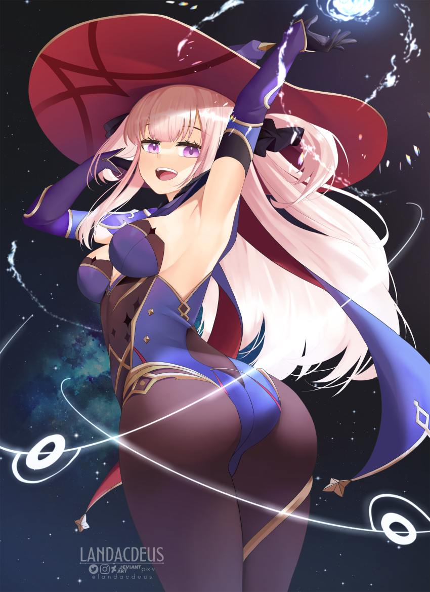 1girl, absurdres, alien, armpits, arms_up, ass, bad_id, bad_twitter_id, blue_leotard, blunt_bangs, bodystocking, breasts, cosplay, elbow_gloves, genshin_impact, gloves, hair_ribbon, hat, highres, hoshifuri_iku, jewelry, landacdeus, leotard, long_hair, medium_breasts, mona_(genshin_impact), mona_(genshin_impact)_(cosplay), multicolored_hat, pink_eyes, pink_hair, prism_project, purple_leotard, ribbon, solo, sparkle_print, thighlet, two_side_up, virtual_youtuber, witch_hat