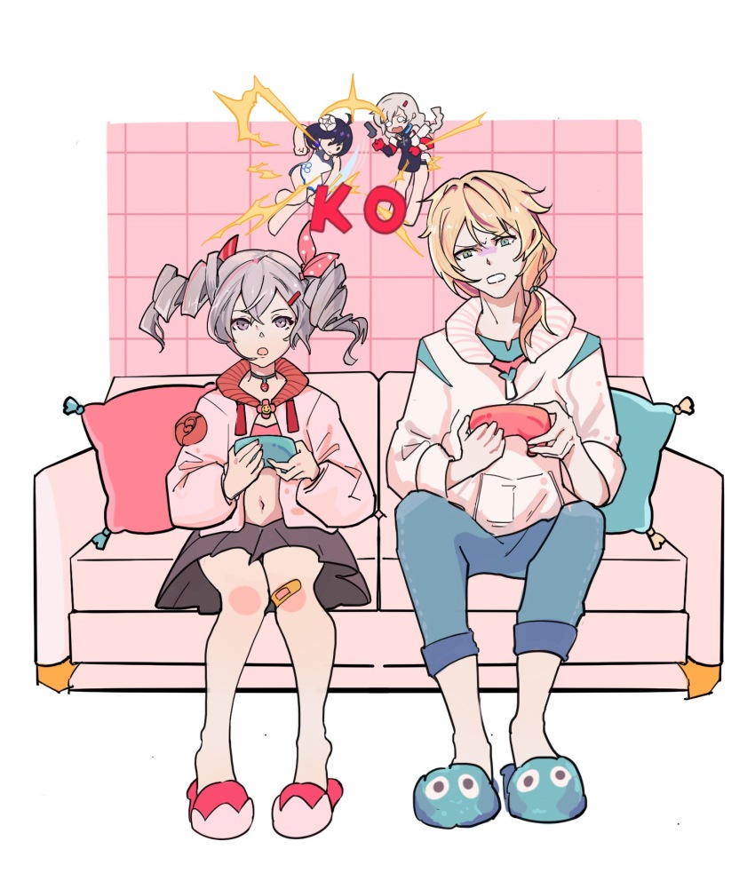 1boy, 1girl, bandaid, black_skirt, blue_pants, bow, bronya_zaychik, china_dress