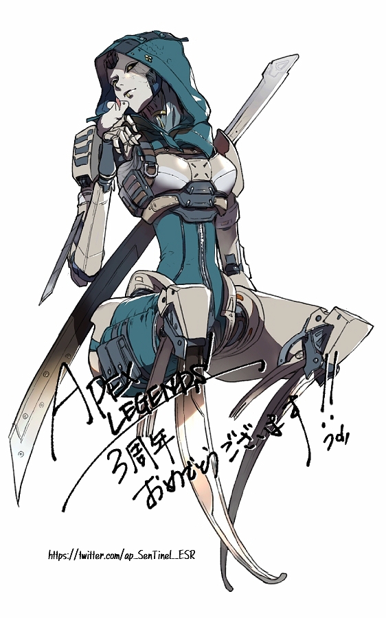android, animification, anniversary, apex_legends, ash_(titanfall_2), black_sclera, breasts, colored_sclera, copyright_name, head_tilt, hood, hood_up, looking_to_the_side, medium_breasts, mouse_(animal), science_fiction, sentinel_ga_koku_ni_aru, simulacrum_(titanfall), sitting, smile, solo, watermark, weapon, weapon_on_back, web_address, white_background, yellow_eyes