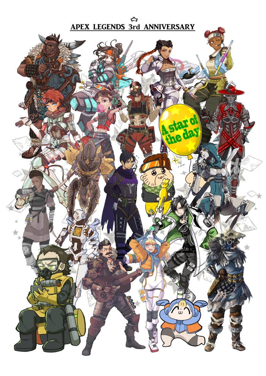 1other, 6+boys, 6+girls, 72_(ru0710natsu), ^_^, aged_down, android, animal, animal_on_shoulder, animal_skull, animification, anniversary, apex_legends, arm_tattoo, artist_collaboration, artist_request, ash_(titanfall_2), balloon, bandaged_arm, bandages, bangalore_(apex_legends), belt, bird, bird_on_shoulder, black_belt, black_bodysuit, black_footwear, black_gloves, black_hair, black_headwear, black_pants, black_scarf, black_sclera, black_shirt, blonde_hair, bloodhound_(apex_legends), blue_eyes, blue_gloves, blue_headwear, blue_shirt, bodysuit, boots, braid, breasts, brown_belt, brown_eyes, brown_gloves, brown_hair, brown_jacket, brown_pants, bungaw, cable, checkered_clothes, checkered_scarf, chibi, chizu_(kurukuro), cleavage, clenched_hand, closed_eyes, cloud_marauder_valkyrie, collage, colored_sclera, copyright_name, corset, cropped_vest, crow, crypto_(apex_legends), d.o.c._health_drone, dark-skinned_female, dark_skin, dead_man's_curve, double_bun, drone, drumsticks, everyone, eyeshadow, facial_mark, facial_scar, facial_tattoo, fingerless_gloves, floating_hair, forehead_mark, fur_trim, fuse_(apex_legends), gibraltar_(apex_legends), gloves, goggles, gradient_hair, green_scarf, green_vest, grey_belt, grey_footwear, guitar, hack_(apex_legends), hair_behind_ear, hair_bun, hair_over_one_eye, hand_in_pocket, hand_on_own_hip, head_tilt, headband, headset, highres, himagoya, holding, holding_scythe, holding_stuffed_toy, hood, hood_up, humanoid_robot, instrument, jacket, jetpack, king_of_the_sea_gibraltar, knee_pads, kogane_mushi, leaning_forward, lightning_bolt_symbol, looking_at_viewer, looking_to_the_side, m/, makeup, mask, mechanical_legs, medium_breasts, megane_(0max_megane0), megumi-chan_dayo!, midriff, missile_pod, mouse_(animal), mouth_mask, mozuwaka, multicolored_hair, multiple_boys, multiple_girls, music, navel, nessie_(respawn), octane_(apex_legends), official_alternate_costume, one_eye_closed, one_eye_covered, open_mouth, orange_hair, orange_headband, out_for_blood_seer, pants, pathfinder_(apex_legends), pelvic_curtain, pink_background, pink_eyeshadow, playing_instrument, pointing, ponytail, rampart_(apex_legends), rebreather, red_eyeshadow, red_hair, red_headwear, red_shorts, red_vest, revenant_(apex_legends), ritsu_(riocurara), robot, running, scar, scar_on_cheek, scar_on_face, scarf, science_fiction, scythe, seer_(apex_legends), sentinel_ga_koku_ni_aru, shadow_on_the_sun_revenant, shikaku_(shikaku_ap888), shirt, shock_sticks_(apex_legends), shorts, shun_(legendshun7), simulacrum_(titanfall), single_hair_bun, sitting, smile, spacesuit, stuffed_animal, stuffed_toy, tattoo, thigh_boots, thigh_strap, thighhighs, twin_braids, v, v-shaped_eyebrows, valkyrie_(apex_legends), vest, walking, war_machine_pathfinder, wastelander_rampart, wattson_(apex_legends), weapon, weapon_on_back, white_background, white_footwear, white_jacket, white_pants, white_shirt, wraith_(apex_legends), yellow_eyes, young_blood_bloodhound