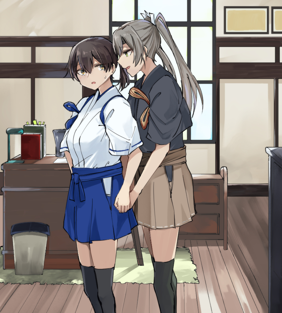 2girls, black_legwear, blue_hakama, book, breasts, brown_hakama, green_eyes, grey_hair, hair_between_eyes, hair_ribbon, hakama, hakama_skirt, indoors, japanese_clothes, kaga_(kancolle), kantai_collection, long_hair, multiple_girls, parted_lips, ponytail, ribbon, samonasu17, side_ponytail, skirt, standing, sweat, tasuki, thighhighs, twintails, white_ribbon, wooden_floor, yellow_eyes, yuri, zuikaku_(kancolle), zuikaku_kai_ni_(kancolle)