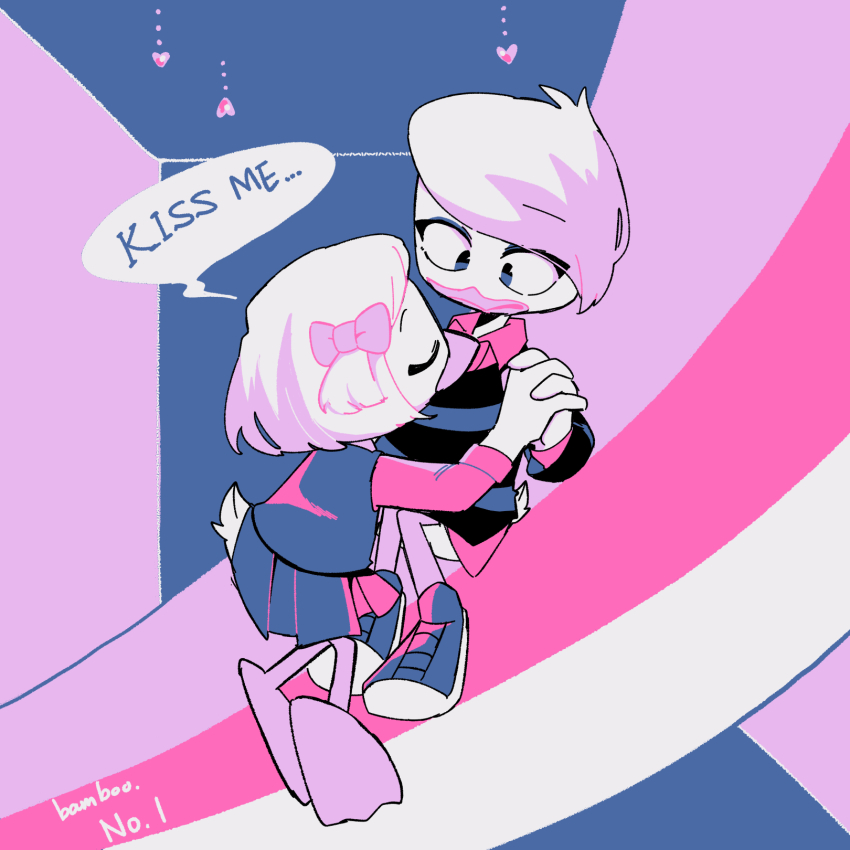 2girls, bamboo_617, bird, bow, closed_eyes, collared_shirt, colored_bangs, disney, duck, duck_tales, ducktales, english_text, furry, furry_female, furry_with_furry, hair_bow, heart, highres, holding_hands, lena_de_spell, limited_palette, long_sleeves, looking_at_another, mickey_mouse_&amp;_friends, multicolored_hair, multiple_girls, pink_hair, pink_theme, shirt, shoes, skirt, sneakers, speech_bubble, striped_clothes, striped_shirt, tail, two-tone_hair, webby_vanderquack, white_hair, yuri