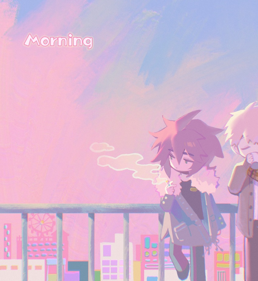 2boys, absurdres, ahoge, atou_haruki, brown_hair, cigarette, closed_mouth, coat