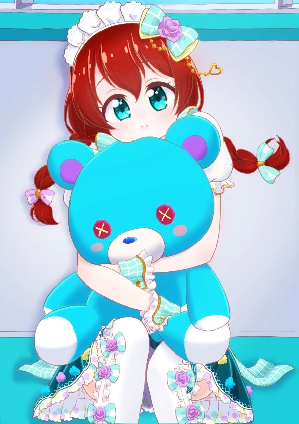 1girl, aqua_bow, aqua_dress, aqua_eyes, aqua_skirt, aqua_wrist_cuffs, artist_name, artist_request