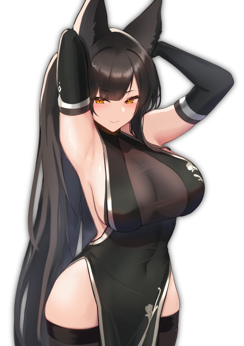 1girl, animal_ears, armpits, arms_behind_head, arms_up, black_dress, black_gloves, black_hair