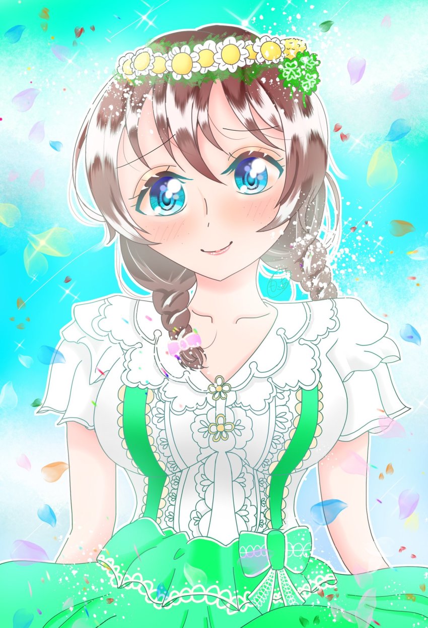 1girl, aqua_eyes, aqua_skirt, artist_name, artist_request, blue_eyes, blue_sky, blush