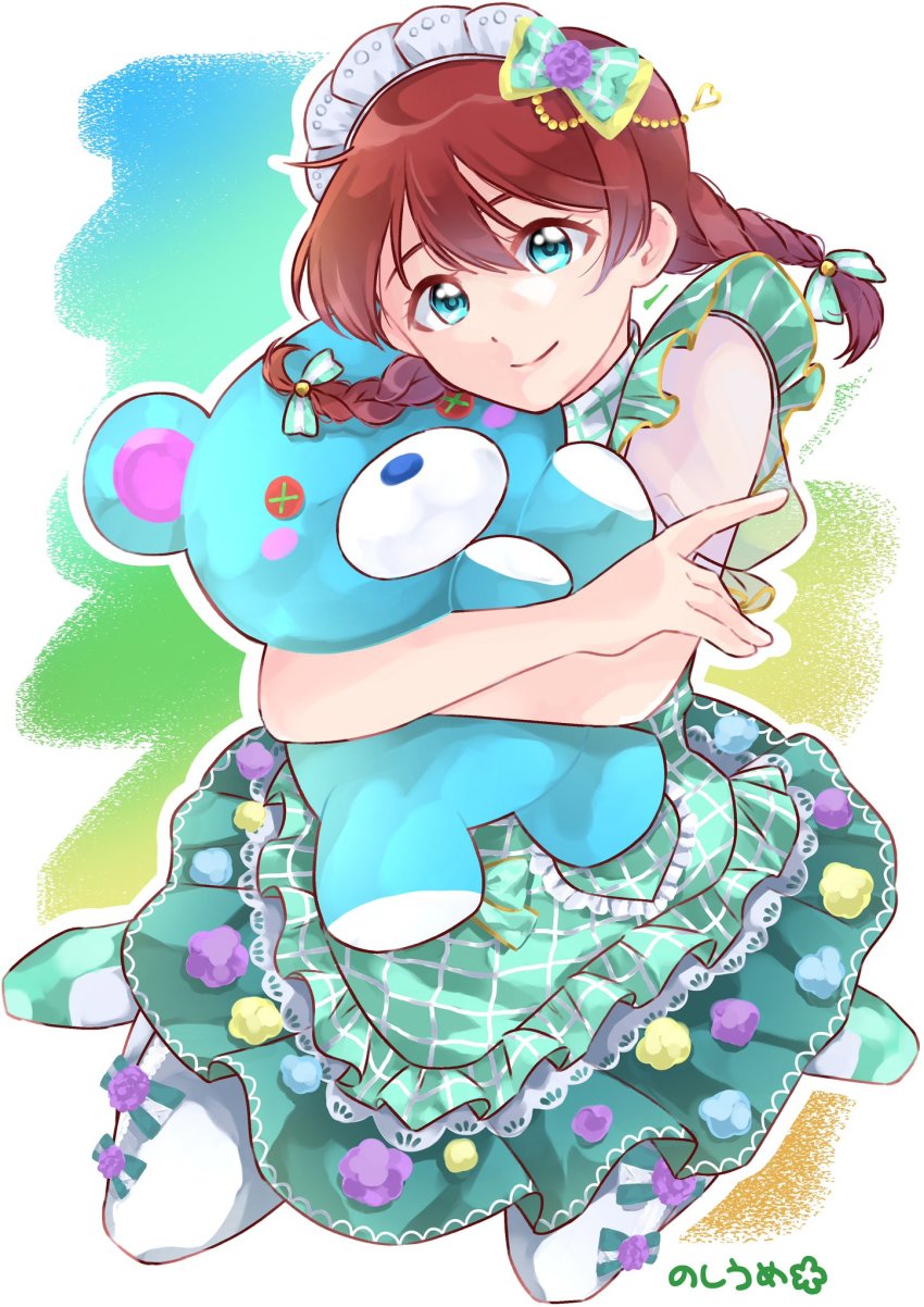 1girl, aqua_bow, aqua_dress, aqua_eyes, aqua_shoes, aqua_skirt, aqua_wrist_cuffs, artist_name