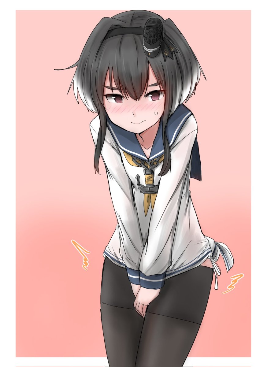 1girl, anchor, anchor_symbol, between_legs, black_hair, black_pantyhose, brown_eyes, commentary_request, covering_privates, covering_crotch, cowboy_shot, dress, embarrassed, gradient_hair, have_to_pee, headgear, highres, kamaboko_senshi, kantai_collection, lowleg, lowleg_pantyhose, multicolored_hair, pantyhose, pink_background, sailor_dress, shirt, short_hair, short_hair_with_long_locks, sidelocks, smokestack_hair_ornament, solo, standing, tied_shirt, tokitsukaze_(kancolle), two-tone_background, white_background