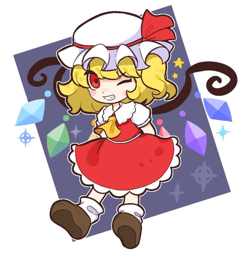 1girl, ;d, arms_behind_back, ascot, blonde_hair, brown_footwear, crystal, flandre_scarlet