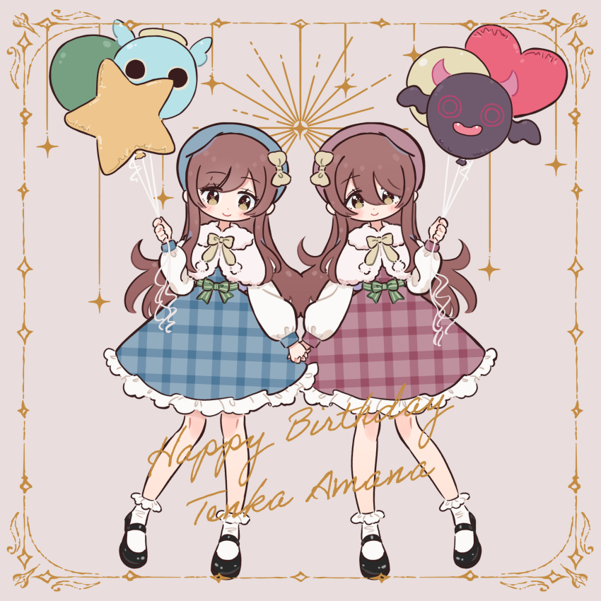 2girls, balloon, beret, blue_dress, bobby_socks, bow, brown_hair, capelet