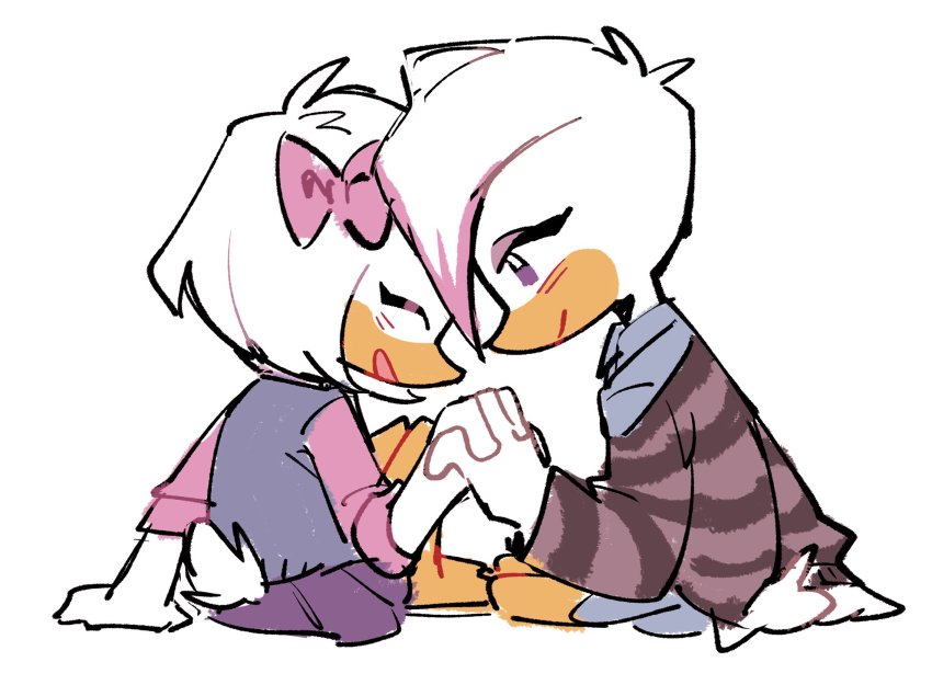 2girls, arm_support, bird, blush, bow, collared_shirt, colored_bangs, commentary, disney, duck, ducktales, english_commentary, furry, furry_female, furry_with_furry, hair_bow, highres, holding_hands, knees_up, lena_de_spell, long_sleeves, mickey_mouse_&amp;_friends, multicolored_hair, multiple_girls, pink_bow, pink_hair, pink_shirt, purple_eyes, shirt, simple_background, sitting, smile, striped_clothes, striped_shirt, sweater_vest, two-tone_hair, webby_vanderquack, white_background, white_hair, winteamelon, yokozuwari, yuri