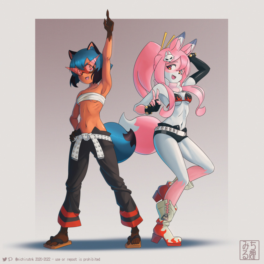 1girl, :d, absurdres, animal_ears, arm_up, armpits, black_gloves, black_pants, black_shorts, brand_new_animal, breasts, commentary_request, cosplay, crossover, fingerless_gloves, fox_ears, fox_girl, fox_hair_ornament, fox_tail, full_body, furry, furry_female, gloves, hair_between_eyes, highres, hiwatashi_nazuna, kagemori_michiru, kamina_(ttgl), kamina_(ttgl)_(cosplay), long_hair, looking_at_viewer, michirutnk, navel, open_mouth, pants, pink_hair, raccoon_ears, raccoon_girl, raccoon_tail, red_eyes, resolution_mismatch, sarashi, short_hair, shorts, small_breasts, smile, source_smaller, standing, sunglasses, tail, tengen_toppa_gurren_lagann, v, yoko_littner