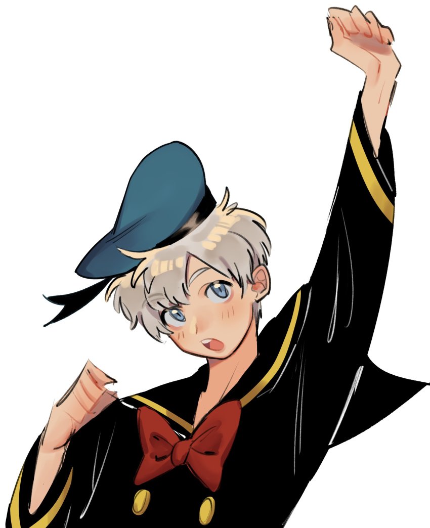1boy, :o, absurdres, arm_up, blue_eyes, blue_hat, bow, bowtie
