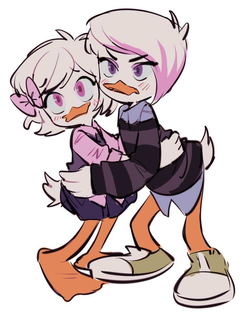 2girls, absurdres, bird, blush, bow, closed_mouth, collared_shirt, colored_bangs, commentary, derivative_work, duck, ducktales, english_commentary, furry, furry_female, furry_with_furry, hair_bow, highres, hug, lena_de_spell, mickey_mouse_&amp;_friends, multicolored_hair, multiple_girls, pink_bow, pink_eyes, pink_hair, pink_shirt, purple_eyes, scared, screenshot_redraw, shirt, shoes, short_hair, skirt, sneakers, standing, striped_clothes, striped_shirt, tail, two-tone_hair, webby_vanderquack, white_background, white_hair, winteamelon, yuri