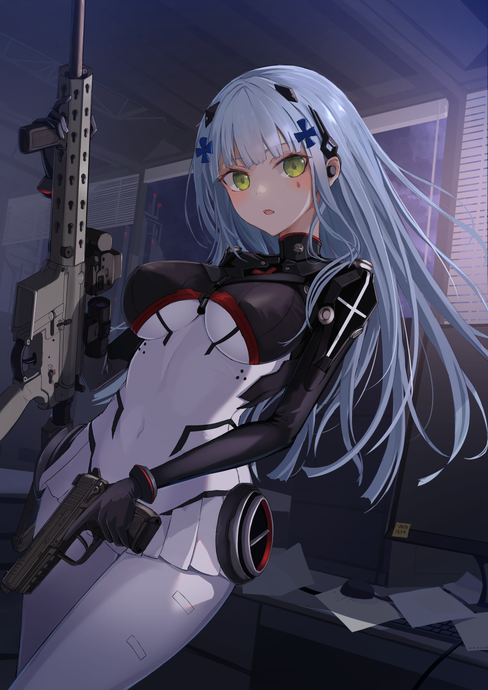 1girl, assault_rifle, blush, breasts, covered_navel, facial_mark, girls'_frontline, green_eyes, gun, h&amp;k_hk416, h&amp;k_hk45, hair_ornament, handgun, highres, hk416_(girls'_frontline), hk416_(midnight_evangelion)_(girls'_frontline), holding, holding_gun, holding_weapon, indoors, large_breasts, long_hair, looking_at_viewer, monitor, official_alternate_costume, parted_lips, pistol, rifle, shumeia, silver_hair, solo, teardrop_facial_mark, trigger_discipline, weapon