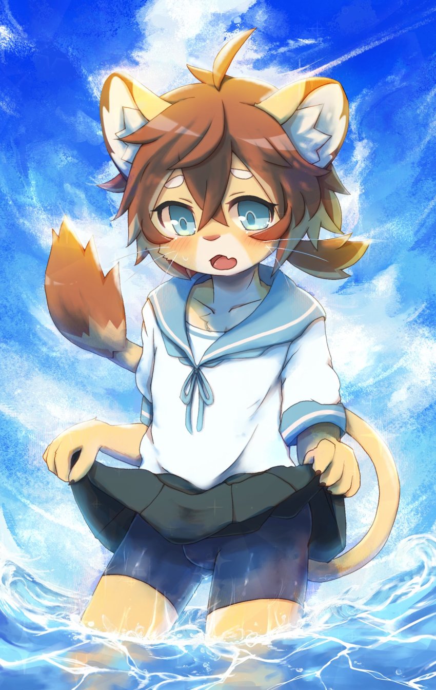 1boy, animal_ears, bike_shorts, blue_sailor_collar, blush, brown_hair, clothes_lift, crossdressing, crossdressing_(mtf), fang, fisheye, furry, furry_male, hair_between_eyes, highres, hithop, lifting_own_clothes, lion_boy, lion_ears, lion_tail, male_focus, open_mouth, partially_submerged, ponytail, sailor_collar, shorts, shorts_under_skirt, skirt, skirt_lift, solo, tail, theo_(world_flipper), wading, water, whiskers, world_flipper