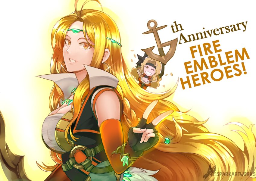 2girls, anchor, anniversary, arms_up, artist_name, black_gloves, blonde_hair, breasts