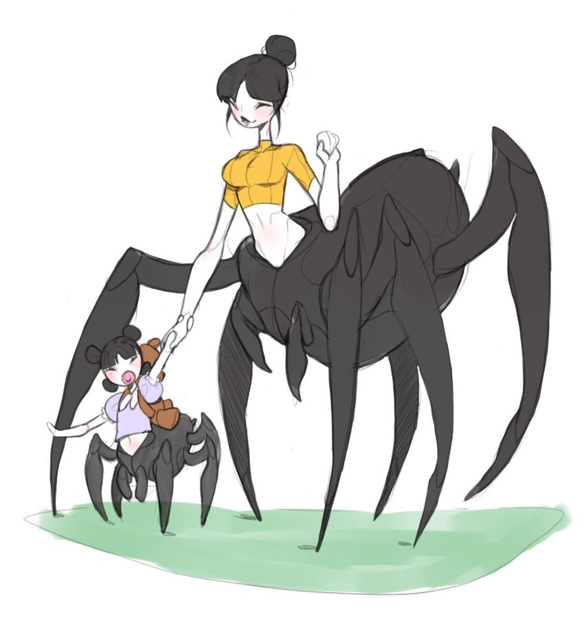 2girls, aged_down, arthropod_girl, black_hair, bug, closed_eyes, closed_mouth, colored_skin, creature, highres, insect_girl, jorougumo, monster, monster_girl, mother_and_child, mother_and_daughter, multiple_girls, original, parent_and_child, pink_shirt, punipaws, shirt, short_twintails, spider, spider_girl, stuffed_animal, stuffed_toy, teddy_bear, twintails, white_skin, yellow_shirt