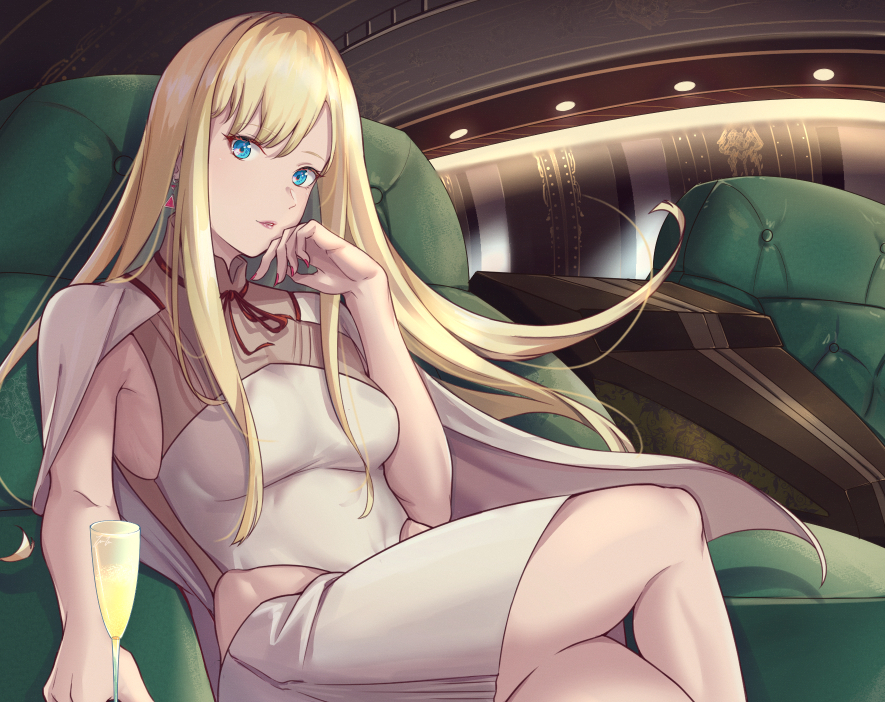 1girl, blonde_hair, blue_eyes, breasts, car_interior, commentary, couch, cup, drinking_glass, earrings, gigi_andalusia, gundam, gundam:_hathaway's_flash, jewelry, long_hair, looking_at_viewer, medium_breasts, nail_polish, pink_nails, sidelocks, sitting, solo, triangle_earrings, yuuyu_(sun_yuu)