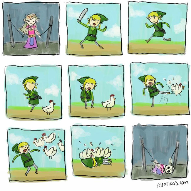 1boy, 1girl, bird, chicken, comic, cucco, death, link, long_hair, nintendo, princess_zelda, ryot-iras, silent_comic, skeleton, sword, the_legend_of_zelda, truth, weapon