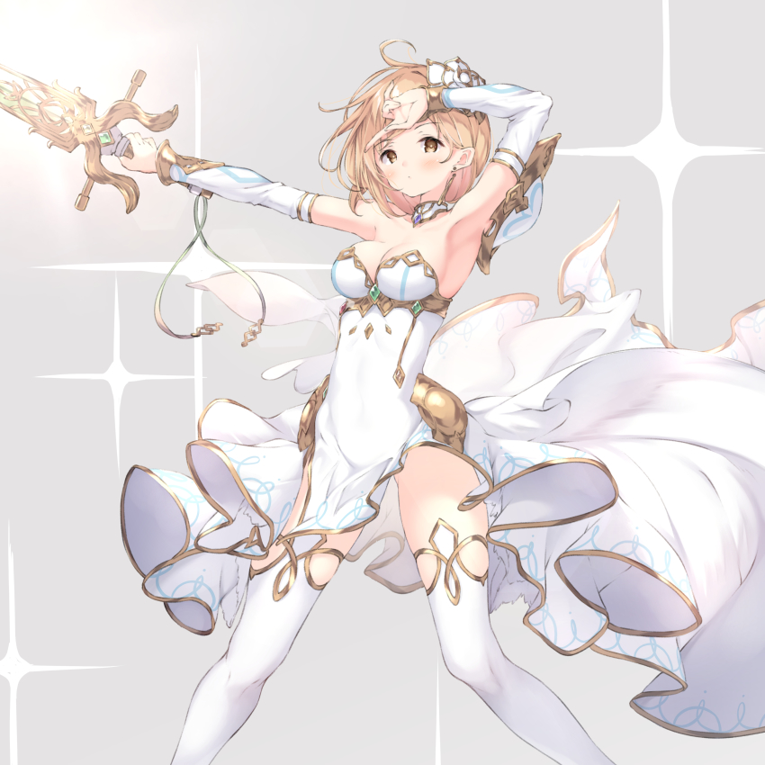 1girl, absurdres, armpits, blonde_hair, blush, breasts, djeeta_(granblue_fantasy), glorybringer_(granblue_fantasy), granblue_fantasy, highres, large_breasts, medium_hair, skirt, sword, ukiwakisen, weapon, white_legwear, yellow_eyes