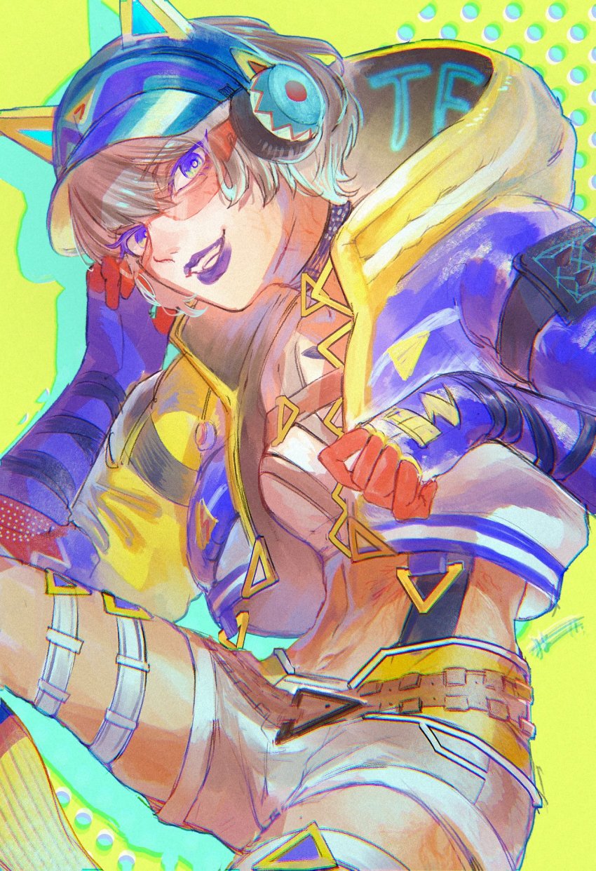 1girl, animal_ear_headphones, animal_ears, animification, apex_legends, blue_eyes, blue_jacket, breasts