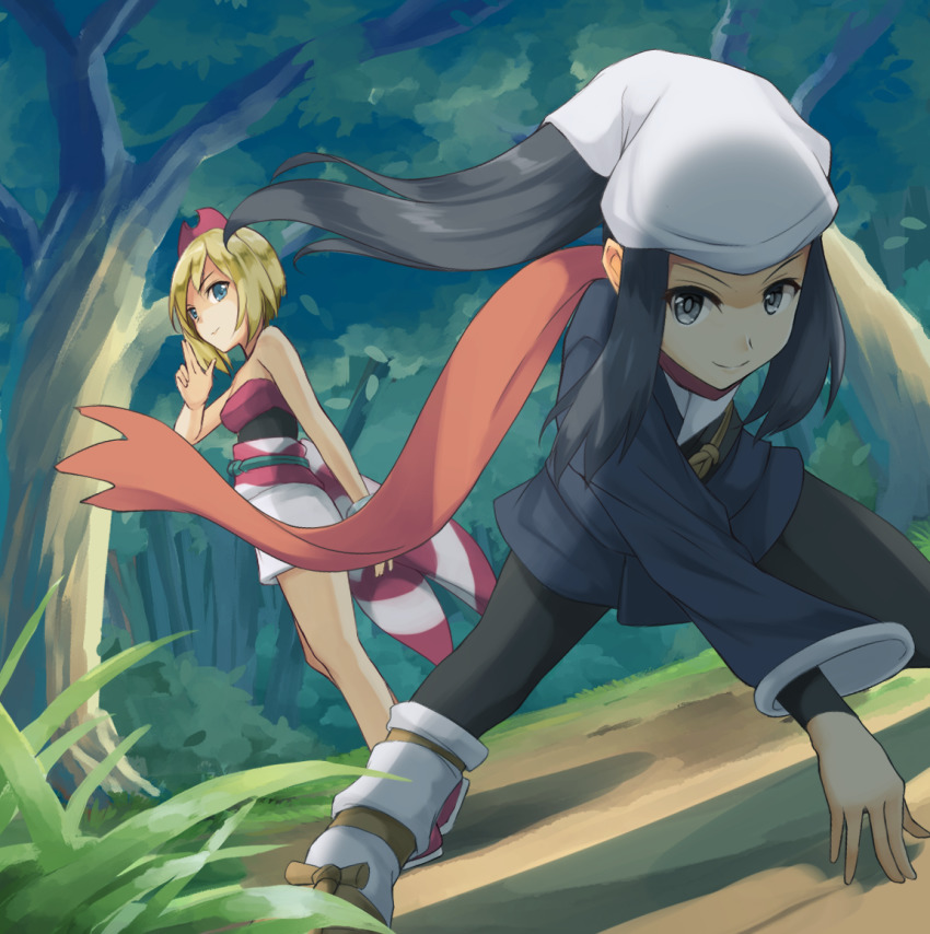 2girls, akari_(pokemon), anatamo, black_hair, black_pantyhose, black_shirt, blonde_hair, blue_eyes, brown_footwear, closed_mouth, commentary_request, day, floating_hair, floating_scarf, grass, grey_eyes, grey_jacket, hairband, hand_up, headscarf, irida_(pokemon), jacket, legs_apart, long_hair, loose_socks, multiple_girls, nintendo, outdoors, pantyhose, pokemon, pokemon_legends:_arceus, ponytail, red_hairband, red_shirt, sash, scarf, shirt, shoes, short_hair, shorts, sidelocks, smile, socks, squatting, strapless, strapless_shirt, tree, waist_cape, white_headscarf, white_headwear, white_legwear, white_shorts