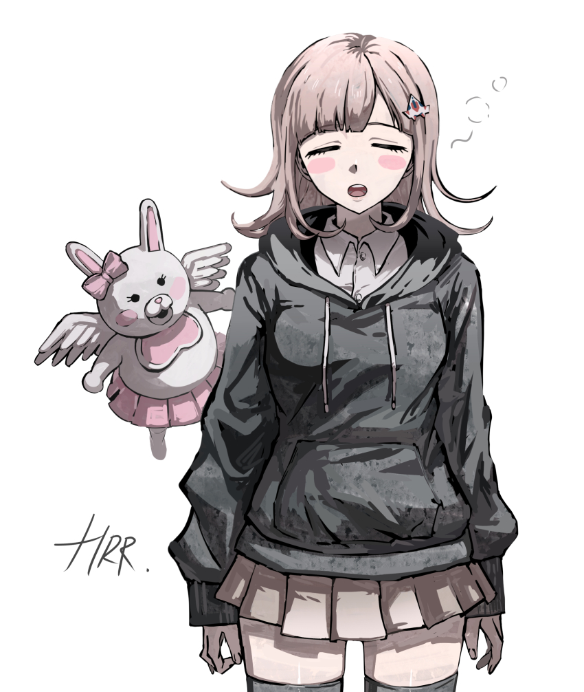 1girl, :d, absurdres, alternate_costume, arms_at_sides, black_hoodie, blunt_bangs, blush_stickers