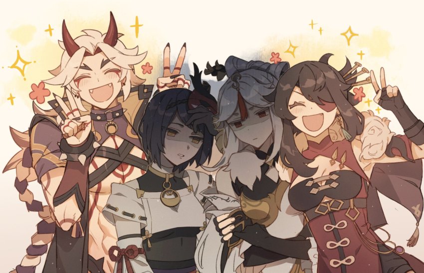 1boy, 3girls, ^_^, abs, arataki_itto, bare_shoulders, beidou_(genshin_impact), bird_mask