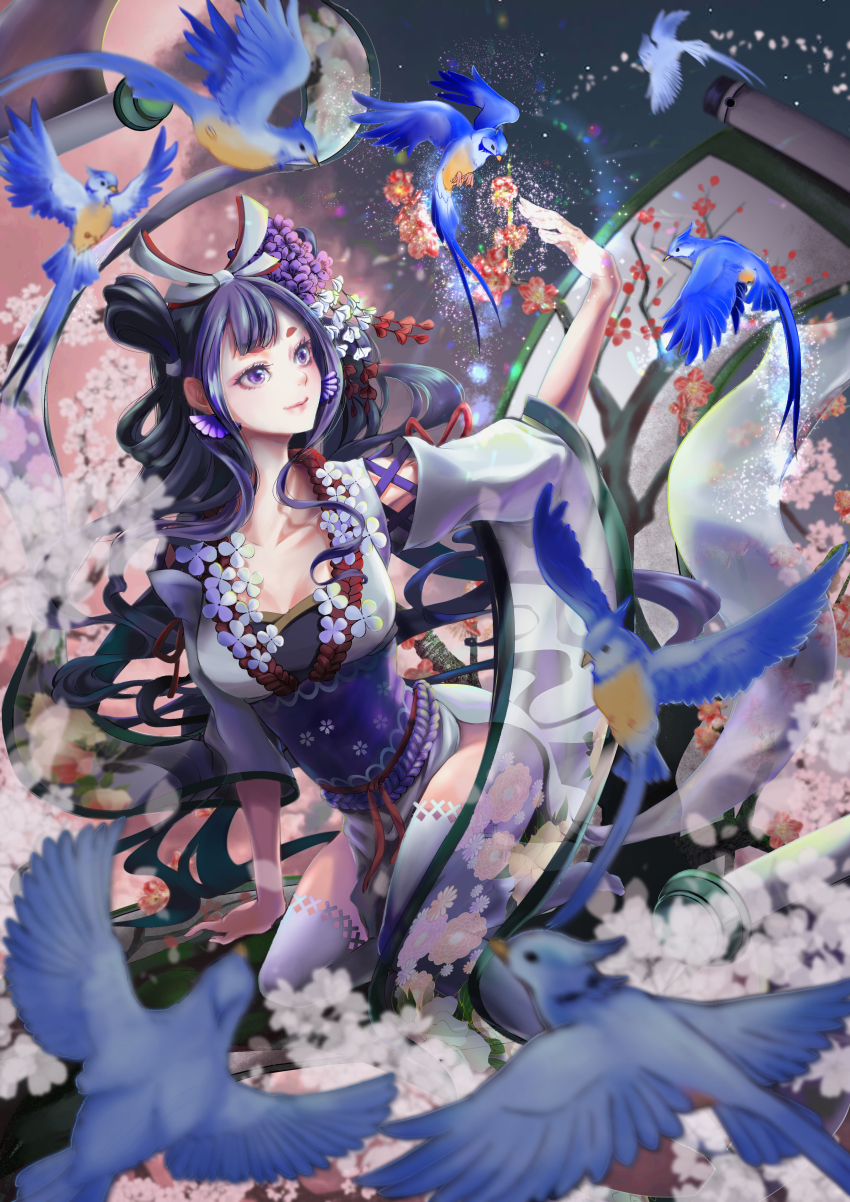 1girl, absurdres, bird, black_hair, blue_bird, breasts, chibimameya, cleavage