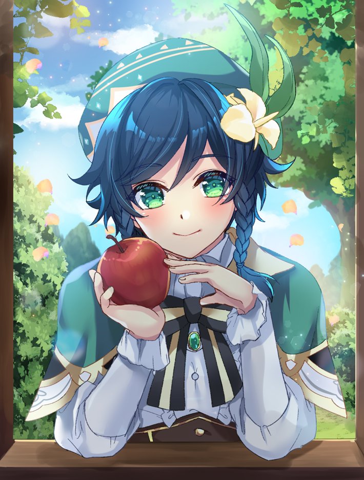 1boy, apple, bard, beret, black_hair, blue_hair, blush, braid