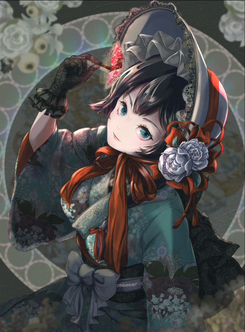 1girl, absurdres, aqua_eyes, aqua_kimono, black_gloves, black_hair, bonnet, bow, chibimameya, floral_print, flower, gloves, highres, japanese_clothes, kimono, looking_up, original, red_ribbon, ribbon, solo, white_flower, wide_sleeves