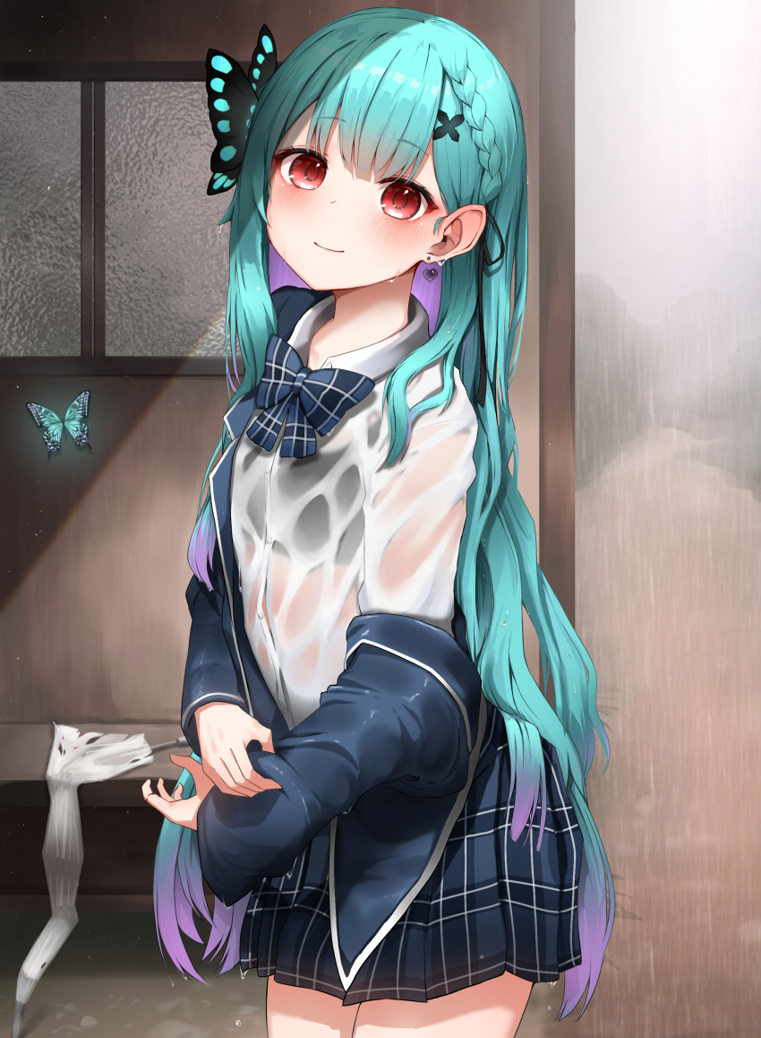 1girl, absurdres, black_ribbon, blue_bow, blue_bowtie, blue_jacket, blue_skirt, blush