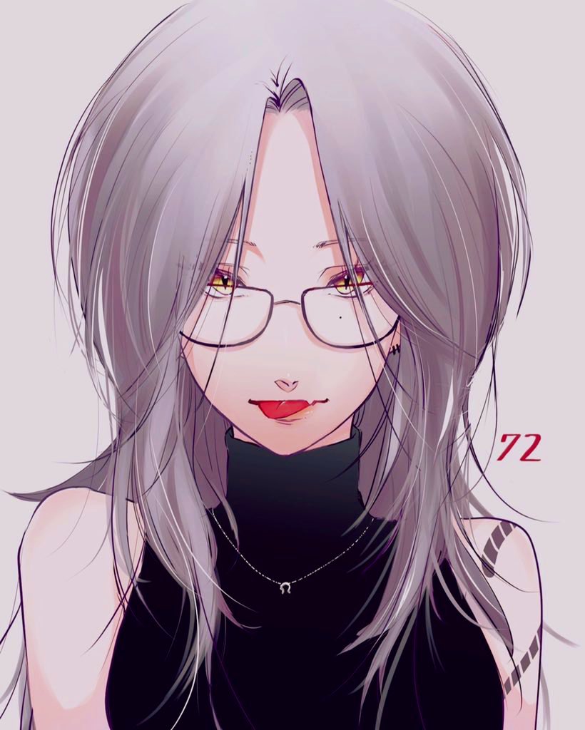 1girl, 72_(ru0710natsu), artist_name, black_sweater, earrings, fang, glasses, grey_background, grey_hair, jewelry, long_hair, mole, mole_under_eye, original, parted_bangs, portrait, skin_fang, sleeveless, sleeveless_sweater, smile, solo, sweater, tongue, tongue_out, turtleneck, turtleneck_sweater, yellow_eyes