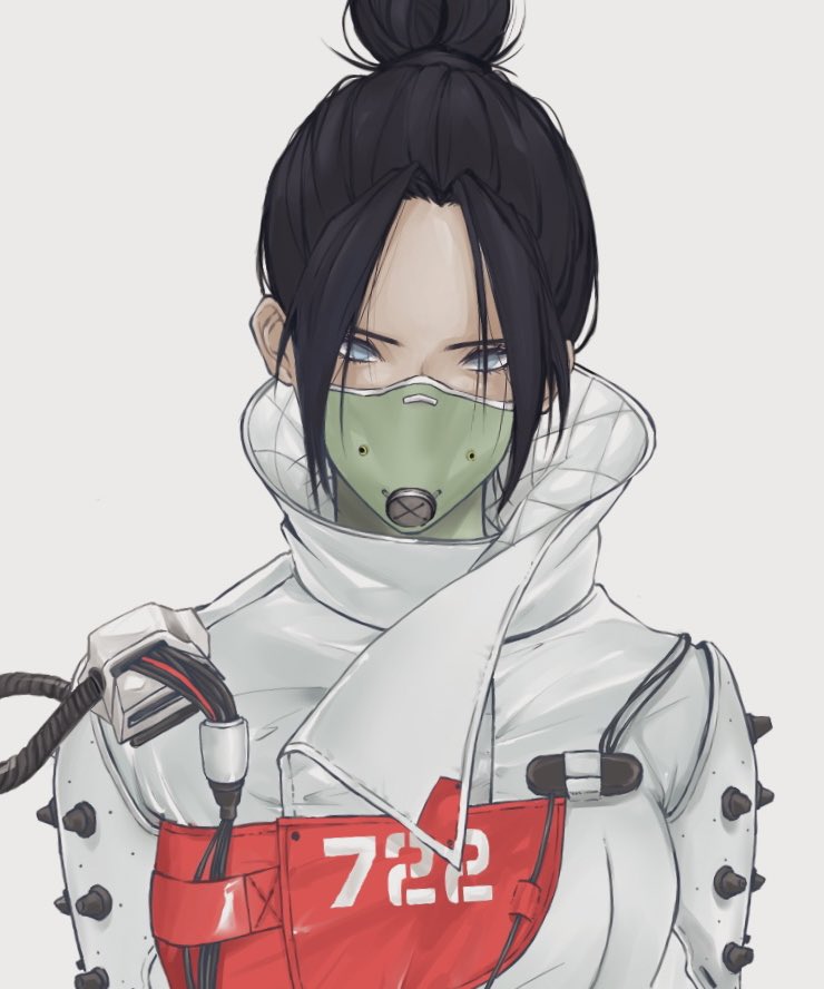 1girl, 72_(ru0710natsu), animification, apex_legends, black_hair, blue_eyes, cable, grey_background, hair_behind_ear, hair_bun, head_tilt, jacket, looking_at_viewer, mask, mouth_mask, official_alternate_costume, parted_bangs, portrait, quarantine_722_wraith, single_hair_bun, solo, white_jacket, wraith_(apex_legends)