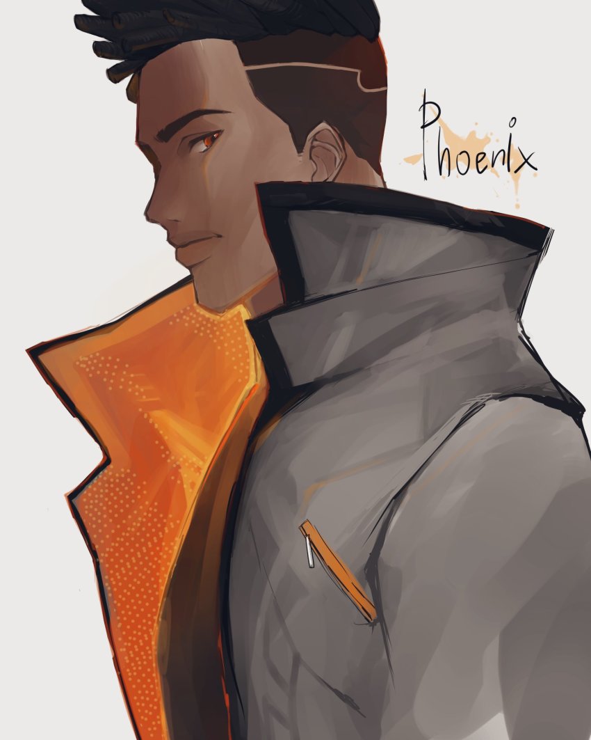 1boy, 72_(ru0710natsu), animification, black_hair, black_shirt, character_name, dark-skinned_male, dark_skin, dreadlocks, from_side, grey_background, grey_jacket, highres, jacket, looking_back, male_focus, orange_eyes, phoenix_(valorant), shirt, solo, undercut, upper_body, valorant