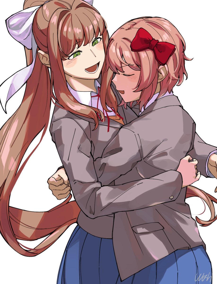 2girls, blazer, blue_skirt, blush, bow, brown_hair, brown_jacket, doki_doki_literature_club