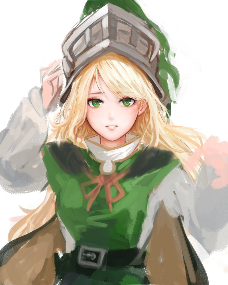 1girl, arm_up, belt, blonde_hair, blush, breasts, brown_ribbon, cape, character_request, gold_trim, green_eyes, green_tunic, hand_on_headwear, hands_up, high_collar, iothree7, knight, lips, long_hair, long_sleeves, looking_at_viewer, medium_breasts, parted_lips, puffy_long_sleeves, puffy_sleeves, ribbon, simple_background, sketch, solo, swept_bangs, tunic, upper_body, very_long_hair, white_background