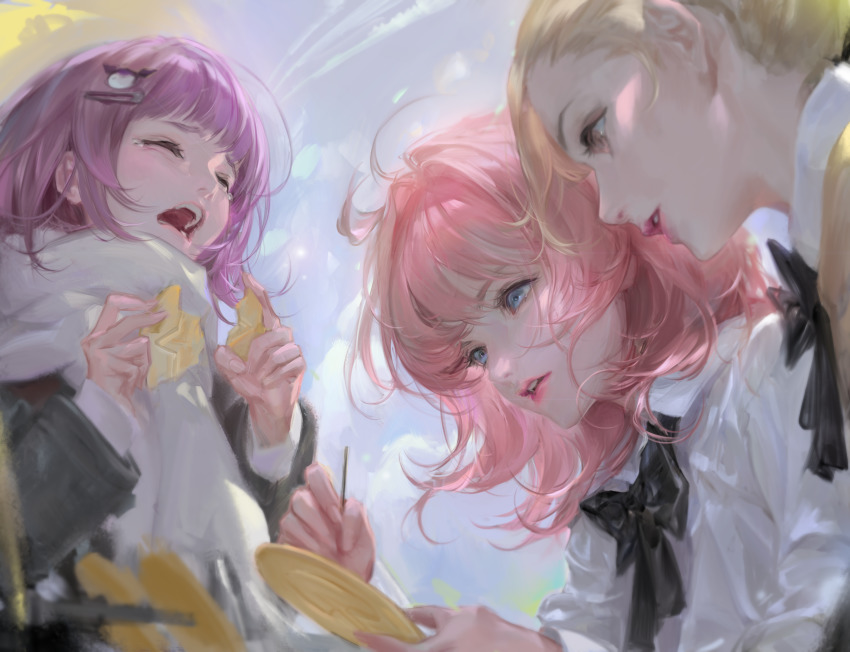 3girls, black_bow, black_bowtie, black_jacket, blonde_hair, blue_eyes, bm94199, bow