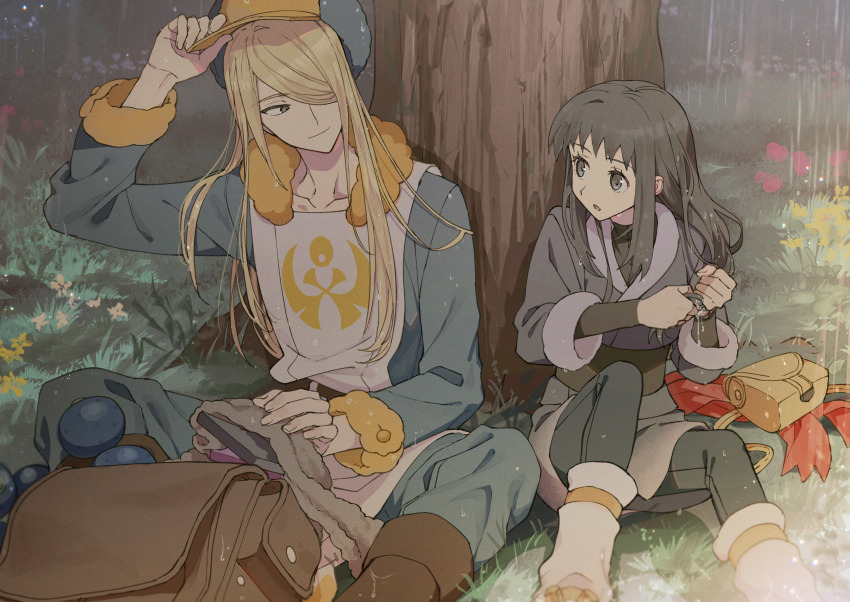 1boy, 1girl, against_tree, akari_(pokemon), backpack, bag, black_hair, black_shirt, blonde_hair, boots, brown_footwear, closed_mouth, commentary_request, flower, gnsn_tori, grass, grey_eyes, grey_jacket, grey_skirt, hair_over_one_eye, hand_on_headwear, highres, jacket, long_hair, loose_socks, nintendo, outdoors, pantyhose, pokemon, pokemon_legends:_arceus, rain, scarf, shirt, sidelocks, sitting, skirt, smile, socks, tree, unworn_bag, unworn_scarf, volo_(pokemon), wet, wet_hair