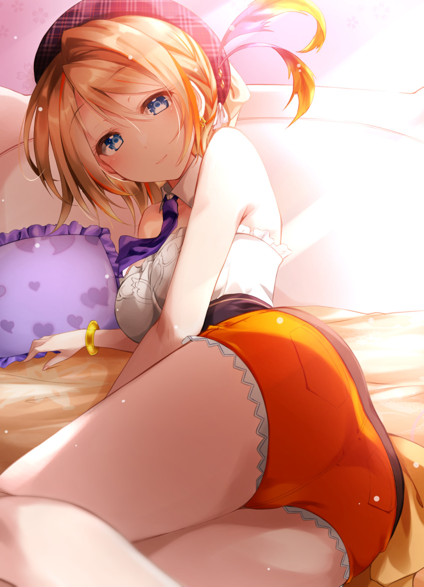 1girl, bare_arms, bare_legs, bed_sheet, blonde_hair, blue_eyes, bracelet, closed_mouth