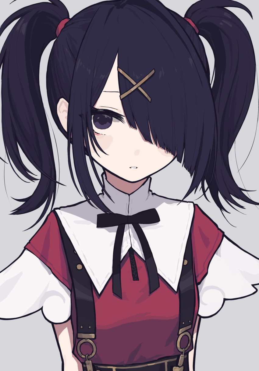 1girl, ame-chan_(needy_girl_overdose), black_eyes, black_hair, black_ribbon, blush_stickers, collar, hair_ornament, hair_over_one_eye, highres, looking_at_viewer, medium_hair, neck_ribbon, needy_girl_overdose, papaia_(quentingqoo), parted_lips, ribbon, simple_background, solo, suspenders, twintails, upper_body, white_collar, x_hair_ornament