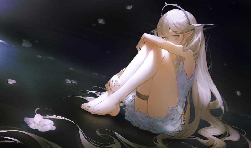 1girl, alternate_costume, arknights, armpits, bare_arms, bare_legs, bare_shoulders, barefoot