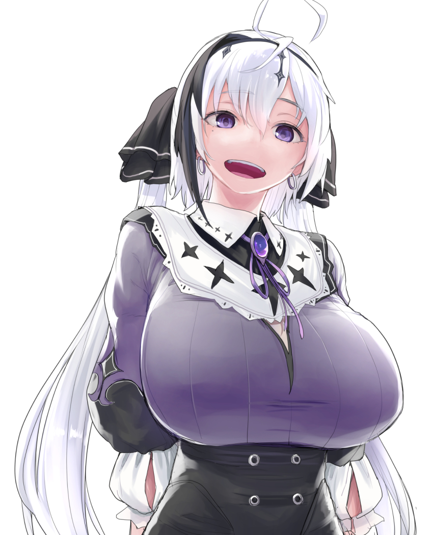 1girl, antenna_hair, black_bow, black_hair, black_hairband, bolo_tie, bow, breasts, collared_shirt, earrings, female_focus, gem, hair_bow, hairband, highres, hoop_earrings, huge_breasts, indie_virtual_youtuber, jewelry, kamikurai_leto, mole, multicolored_hair, nujima, open_mouth, puffy_short_sleeves, puffy_sleeves, purple_eyes, purple_gem, purple_hair, shirt, short_sleeves, simple_background, smile, solo, twintails, upper_body, virtual_youtuber, white_background, white_hair